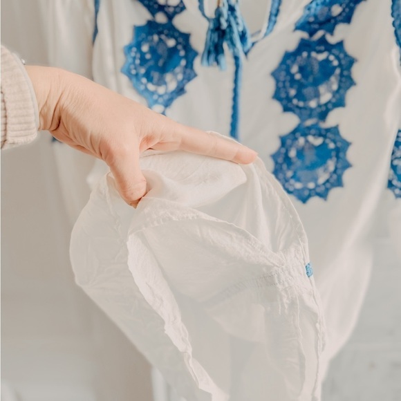Line + Dot Boho White Beach Cover-Up Blue Embroidery Tassel Tie XS - Picture 7 of 15